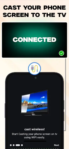 Connected status showing successful wireless phone to TV screen casting and mirroring functionality achievement