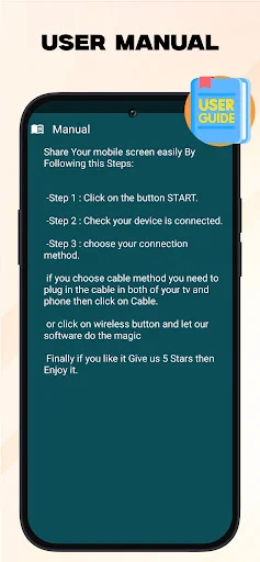 User manual with step-by-step instructions for phone screen sharing via USB-C HDMI cable or wireless connection