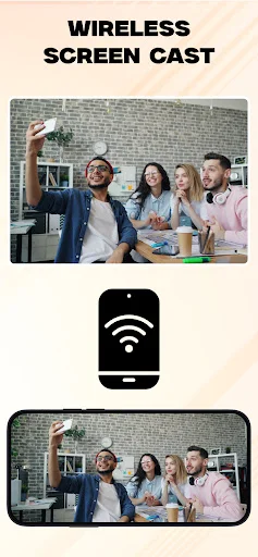 Wireless screen cast feature demonstration showing multiple users casting phone display to TV via WiFi connection