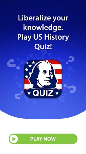 US History Quiz app welcome screen with founding father icon and play now button to start learning