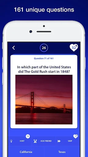 US History Quiz question about 1848 Gold Rush location showing Golden Gate Bridge image with multiple choice answers