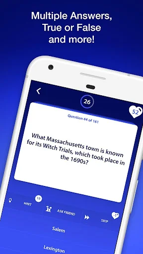 US History Quiz app showing Massachusetts Witch Trials question with multiple answer formats including true/false