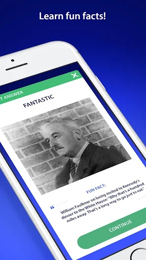 US History Quiz fun facts screen displaying historical figure photo with educational information to continue