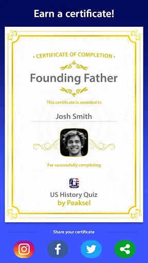 US History Quiz completion certificate for Founding Father achievement with social media sharing options