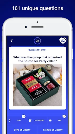 US History Quiz Boston Tea Party question showing tea gift box image with Sons of Liberty answer choices