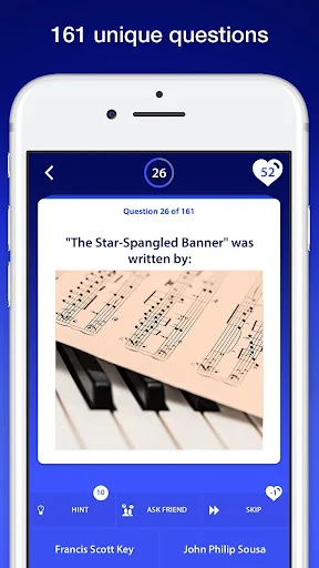 US History Quiz question about Star-Spangled Banner composer with sheet music and piano keys image