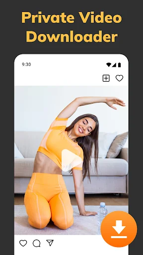 Private Video Downloader app showing social media post with orange download button to save videos offline