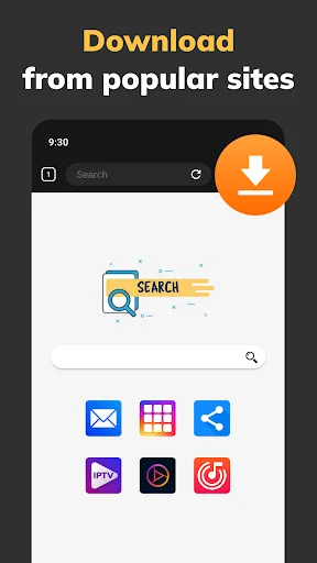 Download from popular sites screen showing search bar and social media platform icons for video downloading