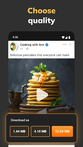 Choose quality screen showing cooking video with download options of 1.44 MB, 4.10 MB, and 12.50 MB file sizes