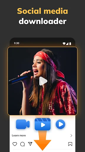 Social media downloader interface showing video post with download button to save content from social platforms