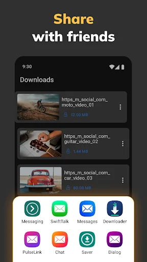 Share with friends screen showing downloaded videos list with messaging and sharing app options below