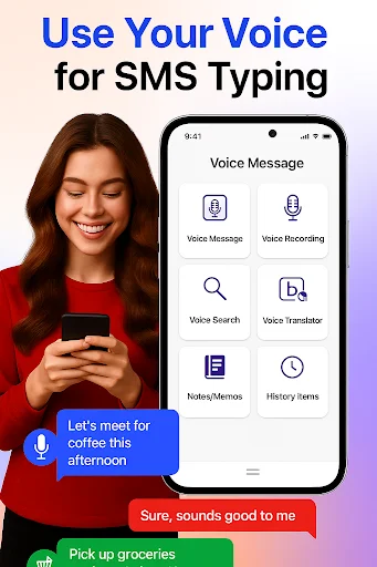Voice SMS app main menu showing Voice Message, Voice Recording, Voice Search, Voice Translator, Notes, and History features