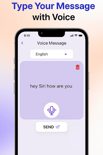 Voice Message screen with microphone button, English language dropdown, transcribed text preview, and SEND button for SMS