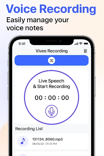 Voice Recording interface with live timer, microphone button, and saved voice memo recordings list in MP3 format