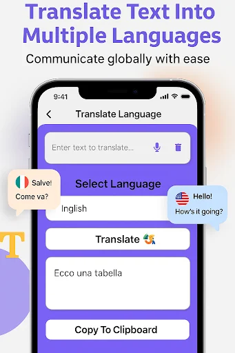 Text Translation screen with voice input field, language selection, Translate button, and translated results displayed