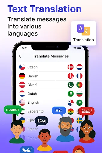 Multi-language translation menu listing Czech, Danish, Divehi, Dutch, English, Esperanto, Fiji, French with flag icons