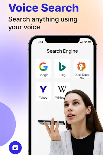 Voice Search app showing Google, Bing, DuckDuckGo, Yahoo, Wikipedia search engine options for voice-based searching