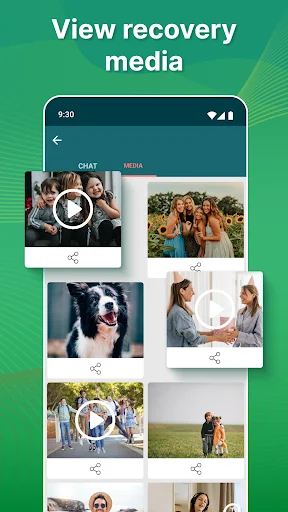View recovery media screen displaying recovered photos and videos in grid layout with chat and media tabs
