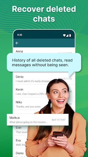 Recover deleted chats interface showing conversation history list with contact names and message previews