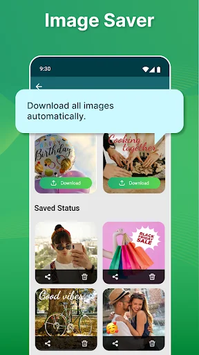 Image Saver feature with automatic download buttons for saving status images and media files