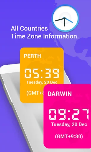 World Clock app showing time zones for Perth and Darwin with current times and GMT offsets in colorful cards