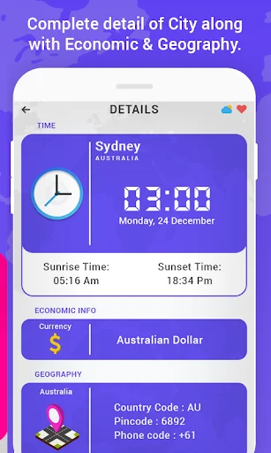 Sydney details screen displaying current time, sunrise/sunset times, Australian Dollar currency, and geographic info