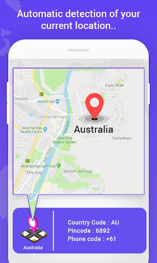Location detection map of Australia with pinned destination and country details including code, pincode, and phone