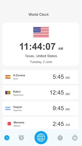 World Clock app main screen displaying current time for Texas, United States at 11:44:07 AM with list of saved cities including A Coruna, Kabul, Esquil, and Manama with their respective times
