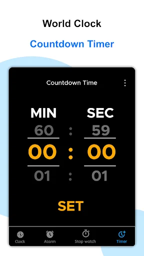 Countdown Timer feature with minute and second input fields showing 60 minutes and 59 seconds, plus SET button to start countdown