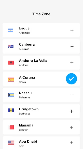 Time Zone selection screen showing list of cities worldwide including Esquil Argentina, Canberra Australia, Andorra La Vella, Nassau Bahamas with plus buttons to add as favorites
