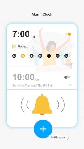 Alarm Clock interface with 7:00 AM alarm set with repeat options and day selection buttons Sun-Sat, plus 10:00 AM alarm configuration with yellow bell notification icon