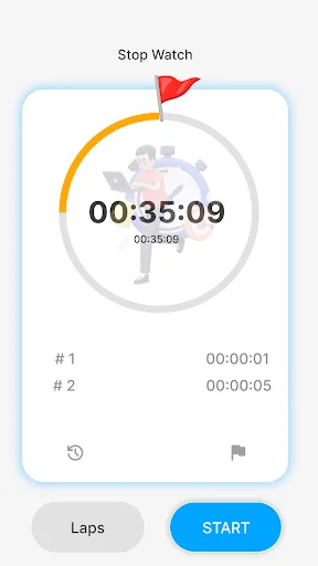 Stop Watch feature displaying elapsed time 00:35:09 with lap tracking showing lap #1 and #2 times, plus START and LAPS action buttons