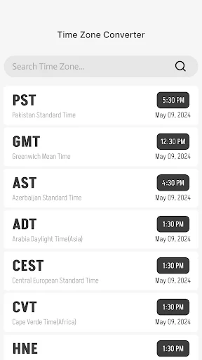 Time Zone Converter tool with search box and list of time zones PST, GMT, AST, ADT, CEST, CVT, HNE showing current times and dates