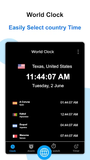 World Clock app easily select country time interface with Texas, United States as primary location and saved city times including A Coruna, Kabul, Esquil, Manama