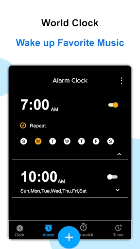 Alarm Clock wake up favorite music interface showing 7:00 AM and 10:00 AM alarms with repeat settings and day selection for scheduling