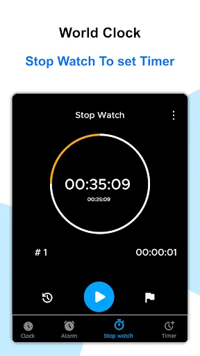 Stop Watch to set timer interface with circular timer display at 00:35:09, lap tracking, and play button for time tracking control